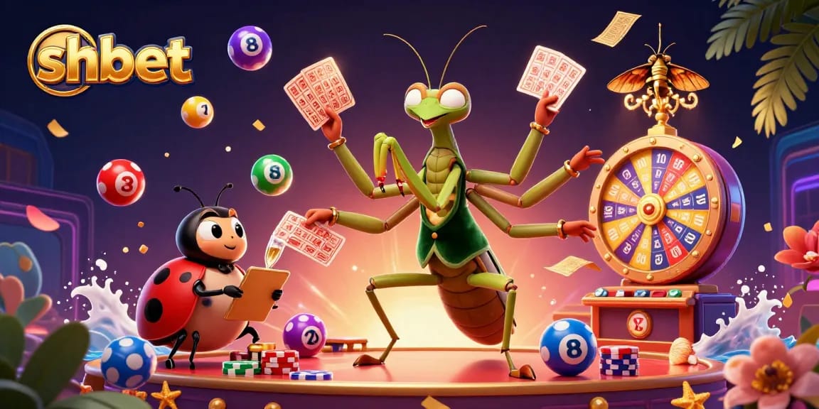 Engage with shbet at a lively 3D casino scene featuring a giant mantis and vibrant game elements.