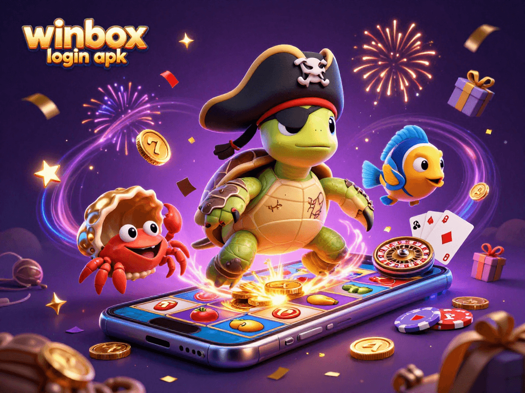 Engage in thrilling gameplay with winbox login apk, featuring a cartoon pirate turtle and vibrant casino elements.