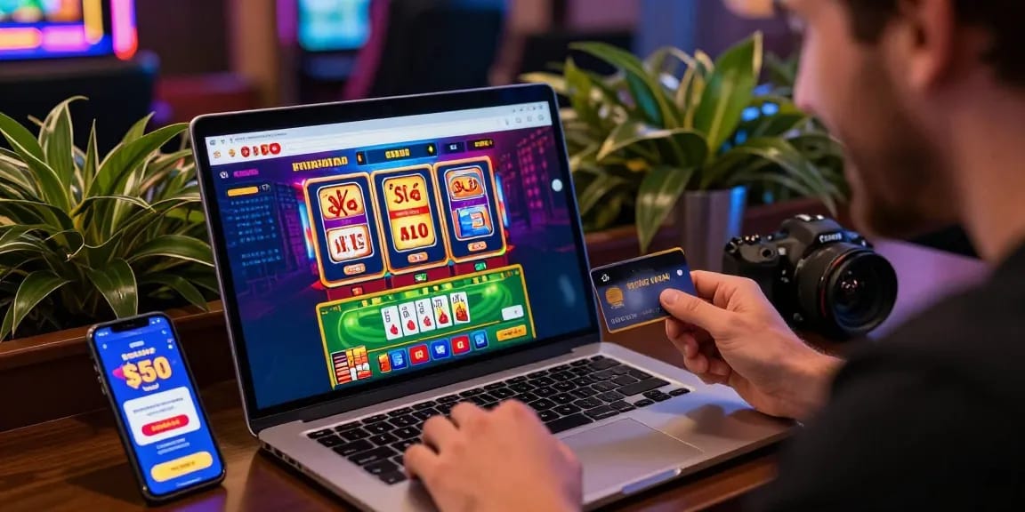 Engaged player at a credit card casino, using Visa for fast deposits while enjoying vibrant gameplay.