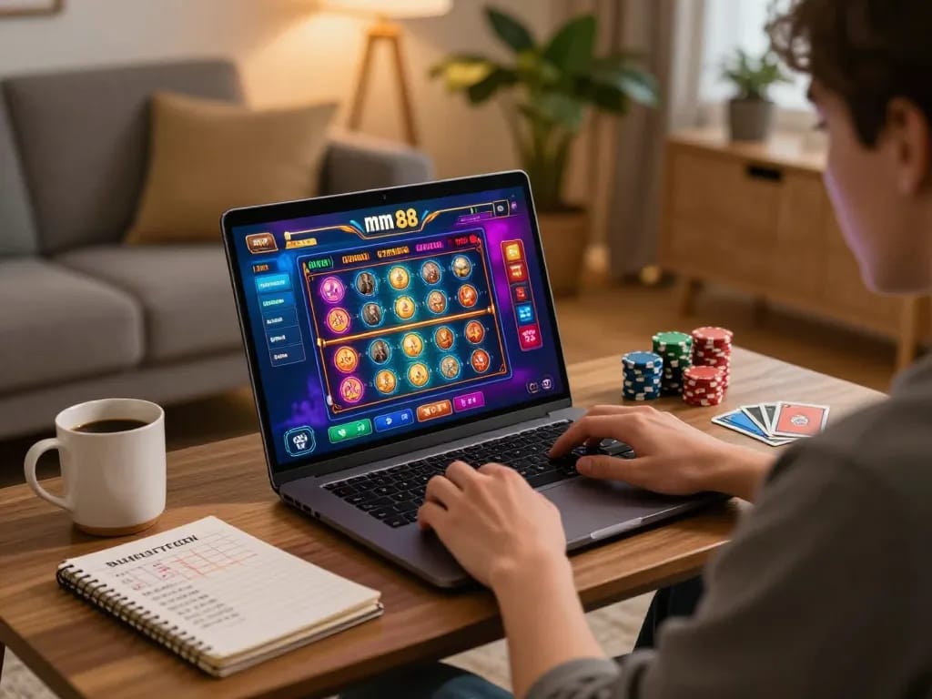 Person engaging with mm 88 casino on laptop, showcasing safe online gaming environment in cozy setting.