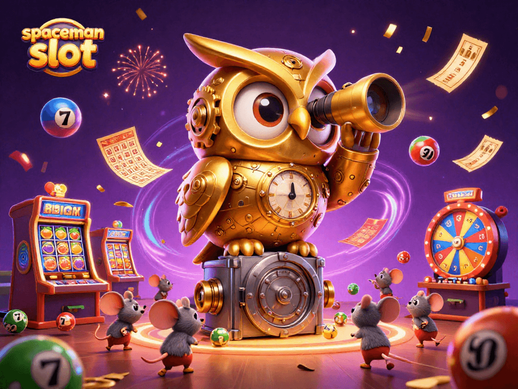 Experience the excitement of spaceman slot with a golden owl overseeing vibrant casino elements.