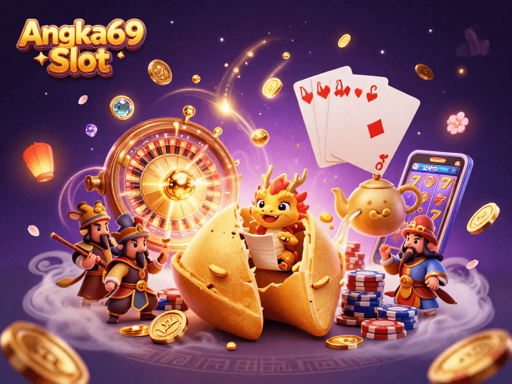 Spin with Angka69 Slot through vibrant 3D scene showcasing golden fortune cookie, dragon, and slot experiences.