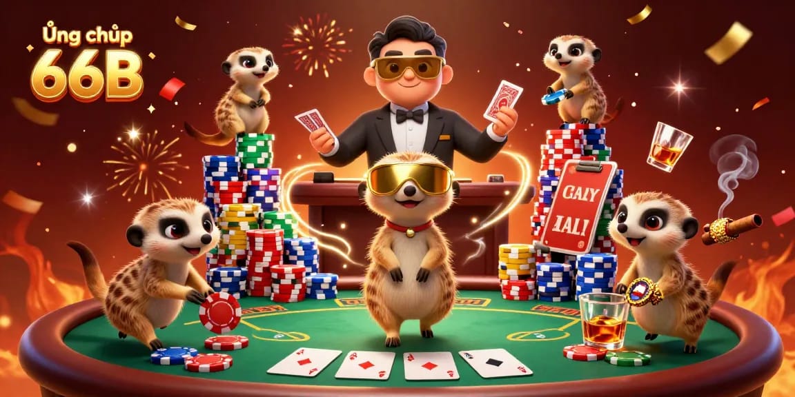 Experience Ứng dụng 66B at a vibrant meerkat casino with dynamic poker action and towering chips.