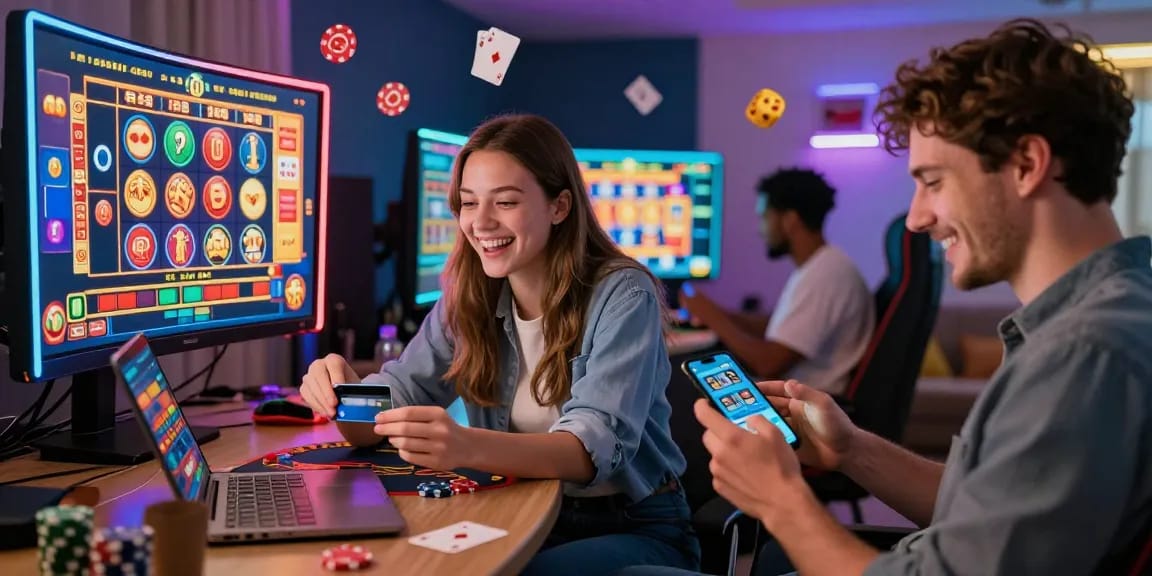 Engaging scene of diverse UK players using credit card casinos, showcasing excitement and convenience of gaming.