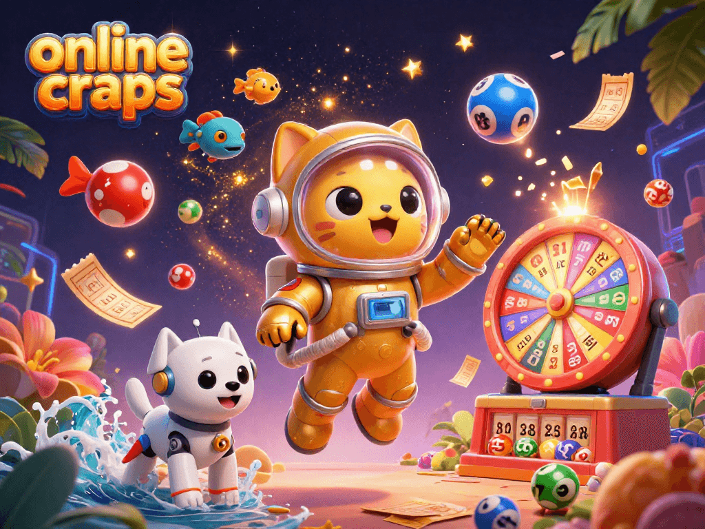 Engage in online craps action with vibrant lottery balls and a cosmic backdrop.