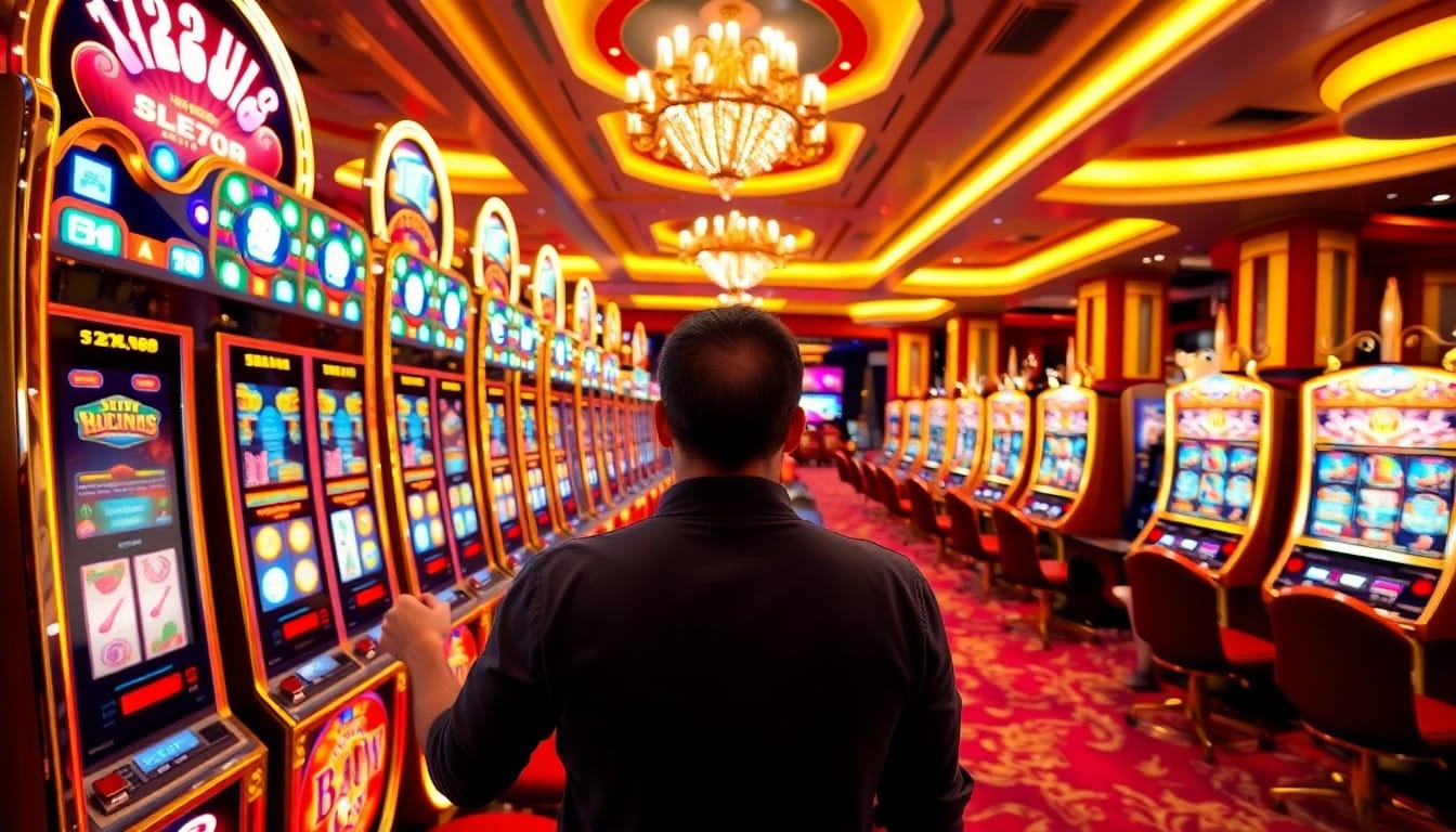 Pemain yang menikmati mesin slot yang berwarna-warni di kasino aman788, menunjukkan kegembiraan dan kemewahan dalam pengalaman perjudian.
