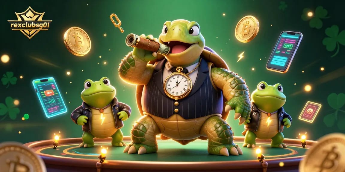 rexclubsg01 showcases a vibrant scene where a turtle mobster and bullfrog enforcers illuminate the casino floor.