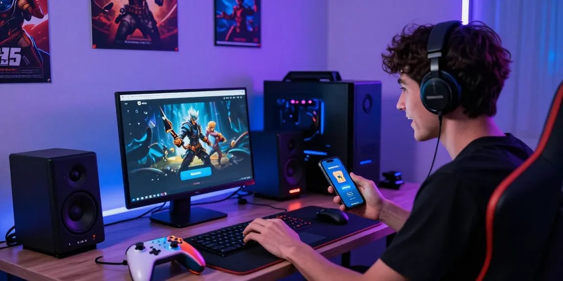 Engaged user accessing Winbox H5 platform on laptop with gaming equipment.