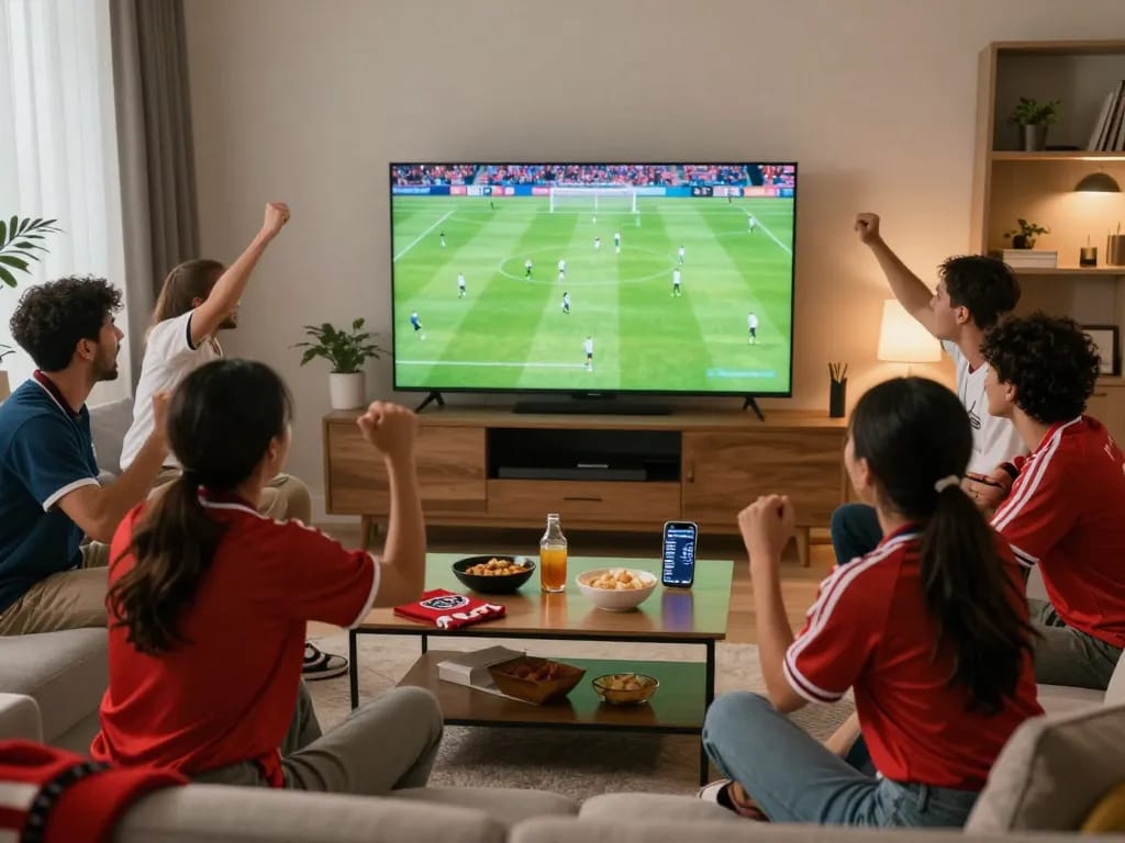 Exciting moment at Luong Son TV with friends celebrating a live football match in a modern living room.