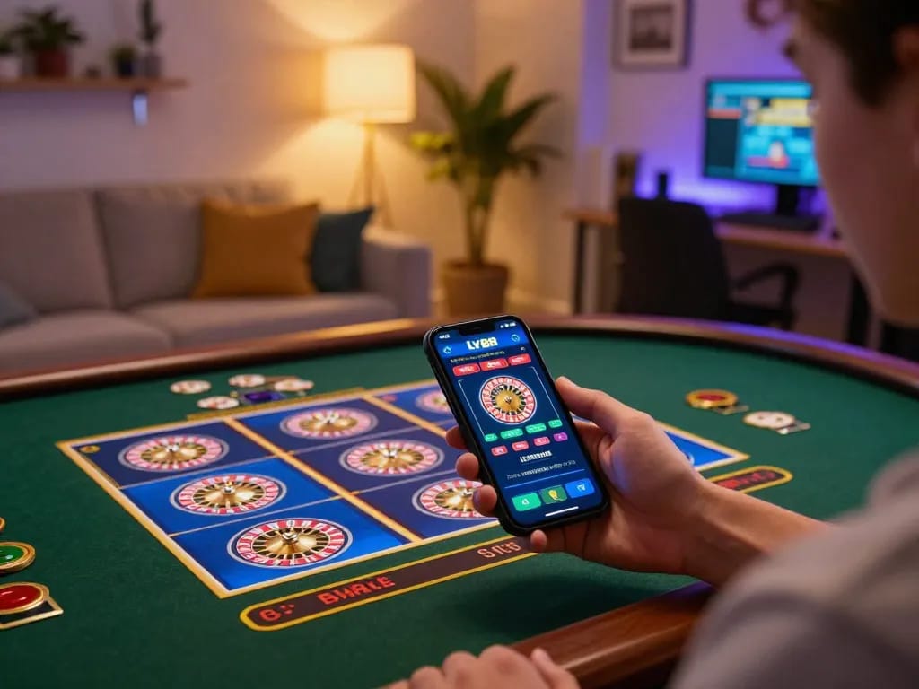 Player engaging with LV88 casino app on smartphone in a cozy home setting.