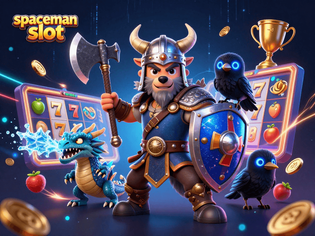 Experience thrilling gameplay with spaceman slot featuring a Viking warrior, dragon, and vibrant casino elements.
