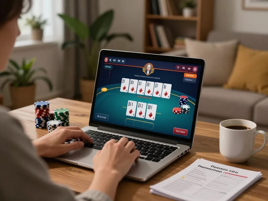 Engaging in online poker at https://ko6689.com/ with a cozy home environment, promoting responsible gambling.