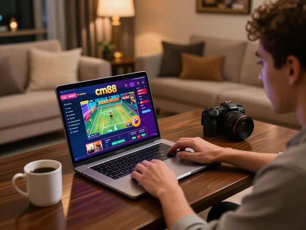 Engage in exciting cm88 online gaming with a vibrant interface on a stylish desk setup