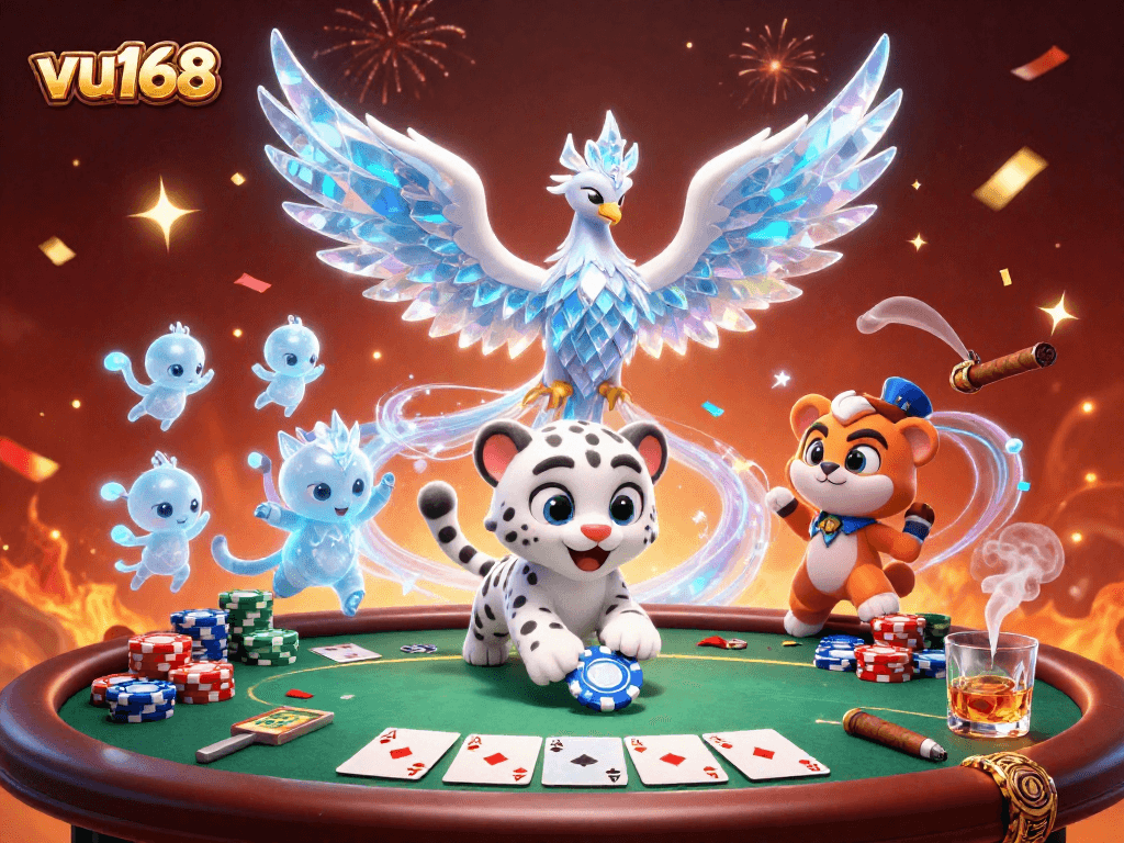 Experience thrilling gameplay at vu168 with a lively illustration showcasing poker excitement and vibrant characters.