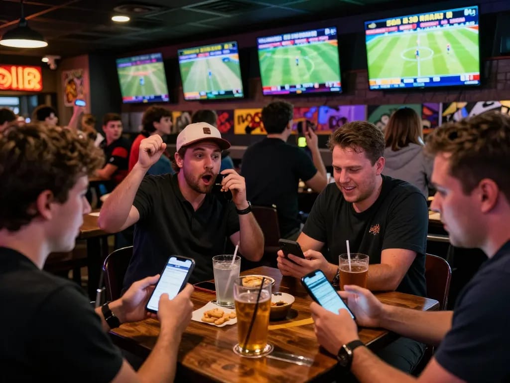 VSBET users immersed in live sports betting, enjoying a vibrant bar atmosphere with multiple screens and mobile devices