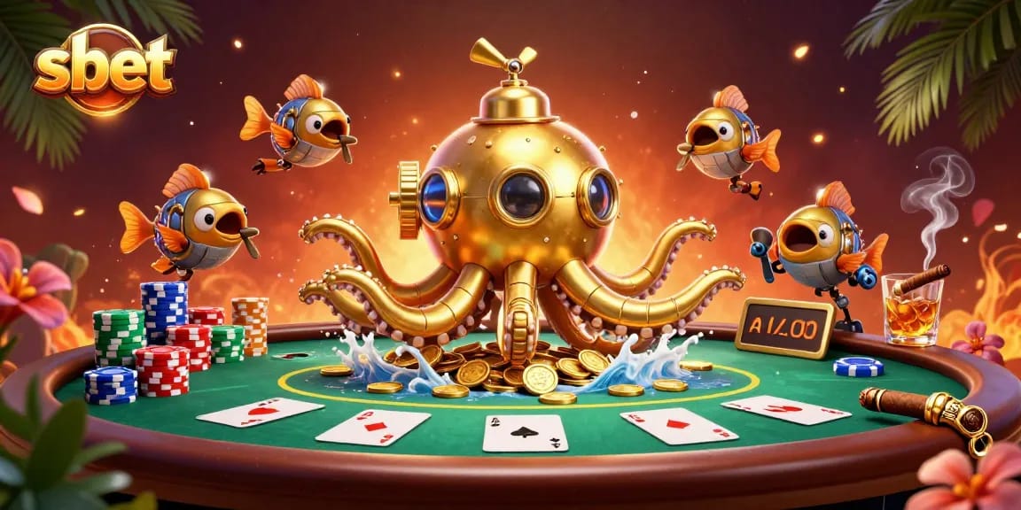 Experience thrilling poker action with shbet's vibrant golden kraken submarine scene filled with winnings.