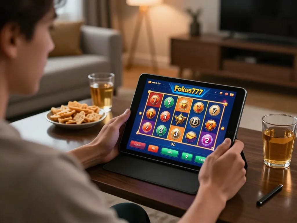 Engaging in online gaming at Fokus777, displaying vibrant slot graphics in a cozy home environment.