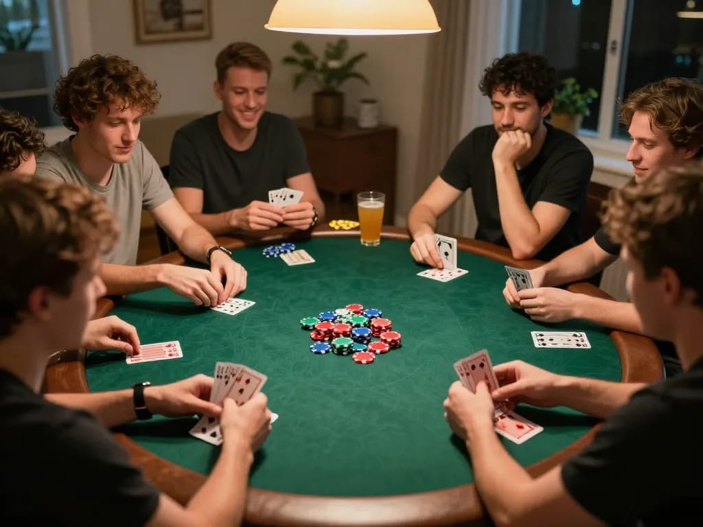 Bong88 players enjoying a friendly poker night, engaging in strategic gameplay with colorful chips and cards.