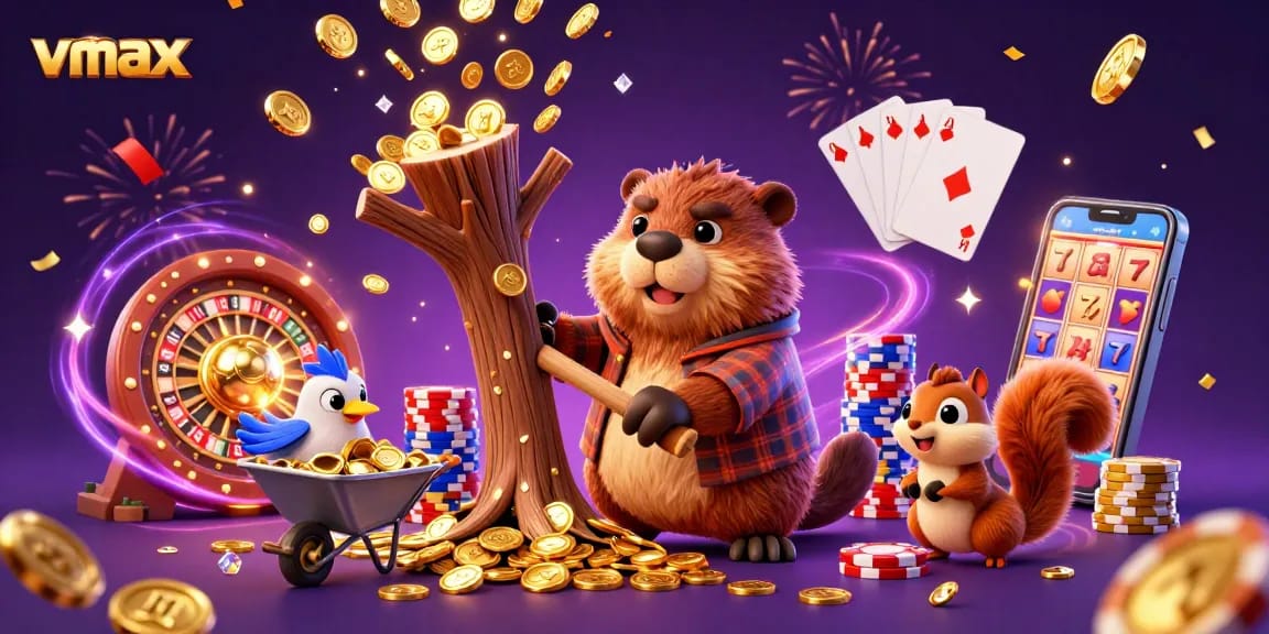 Experience the thrill of winning at vmax with a beaver, bird, and squirrel in a golden, casino-themed scene.