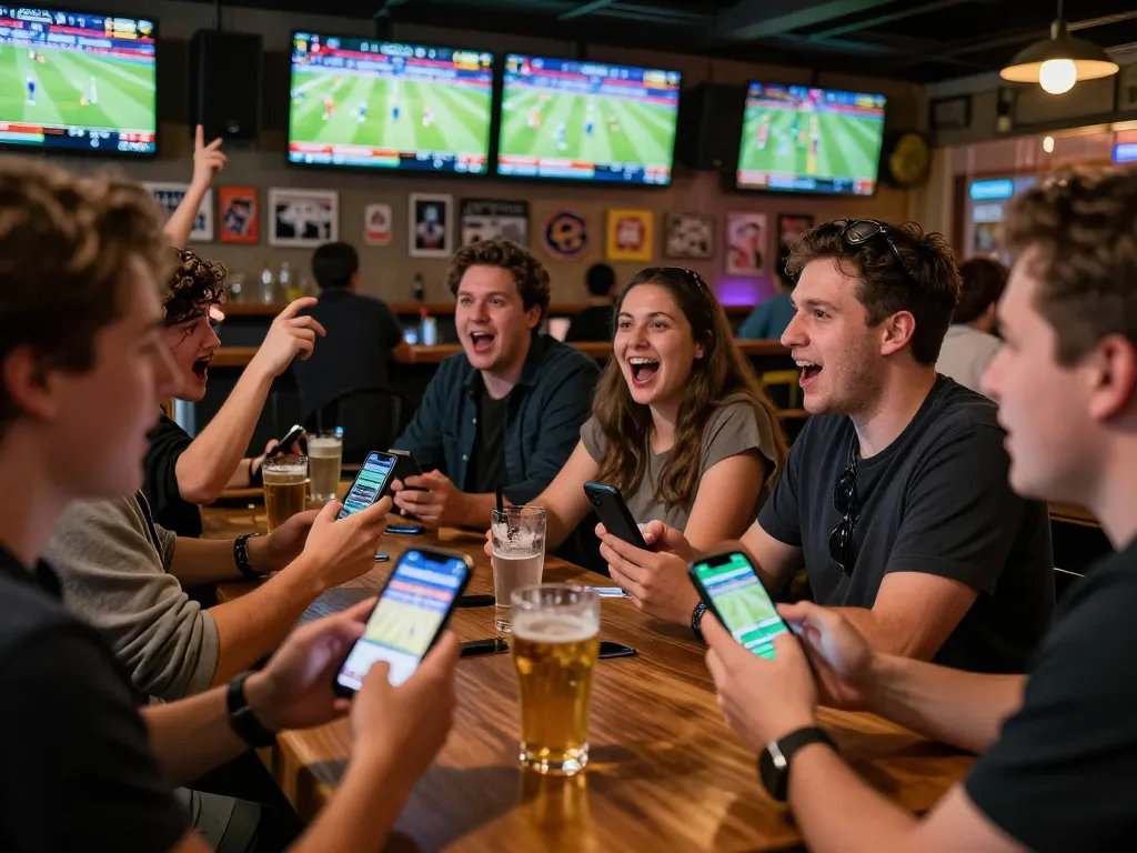 Excited bettors engaging with the 789F sports betting app while watching live games in a vibrant sports bar atmosphere