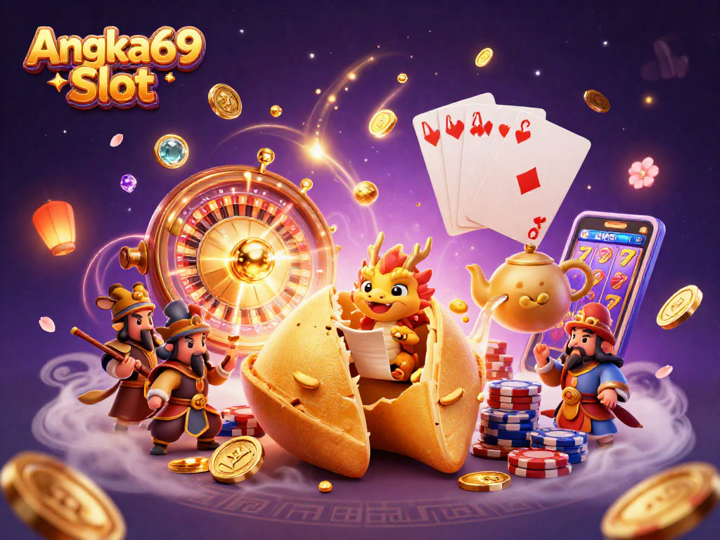 Spin with Angka69 Slot through vibrant 3D scene showcasing golden fortune cookie, dragon, and slot experiences.