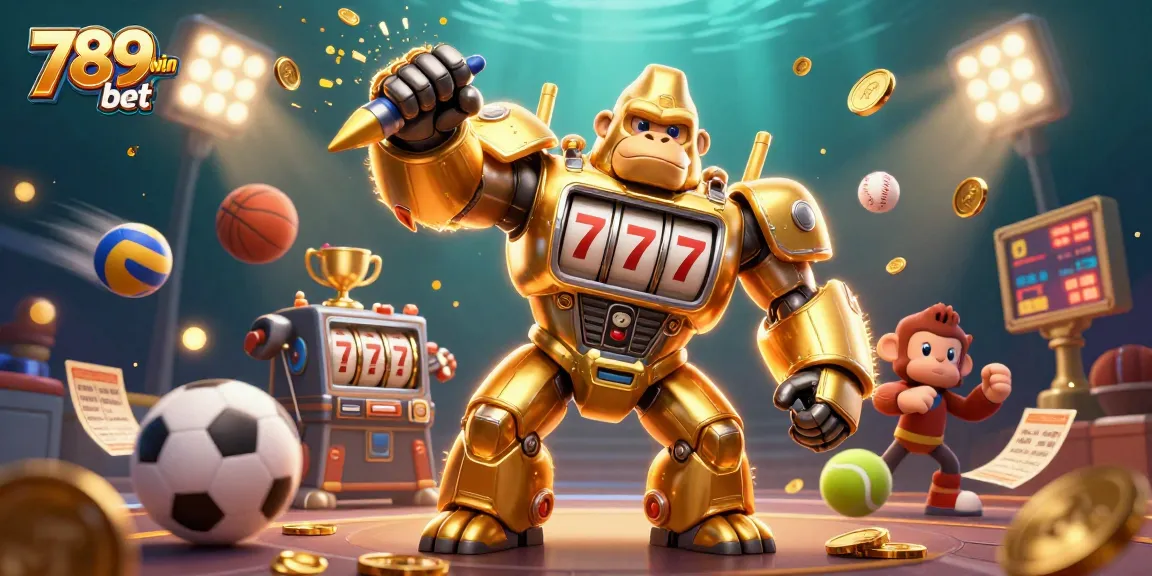 Experience thrilling 789win bet action with a dynamic 3D cartoon gorilla mech and exciting sports elements.