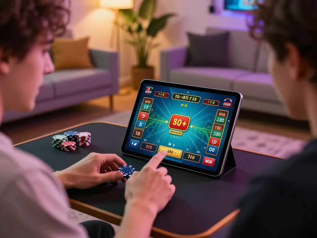 A player enjoys a dynamic online session at nhà cái 8xbet on a tablet with colorful casino game interface.