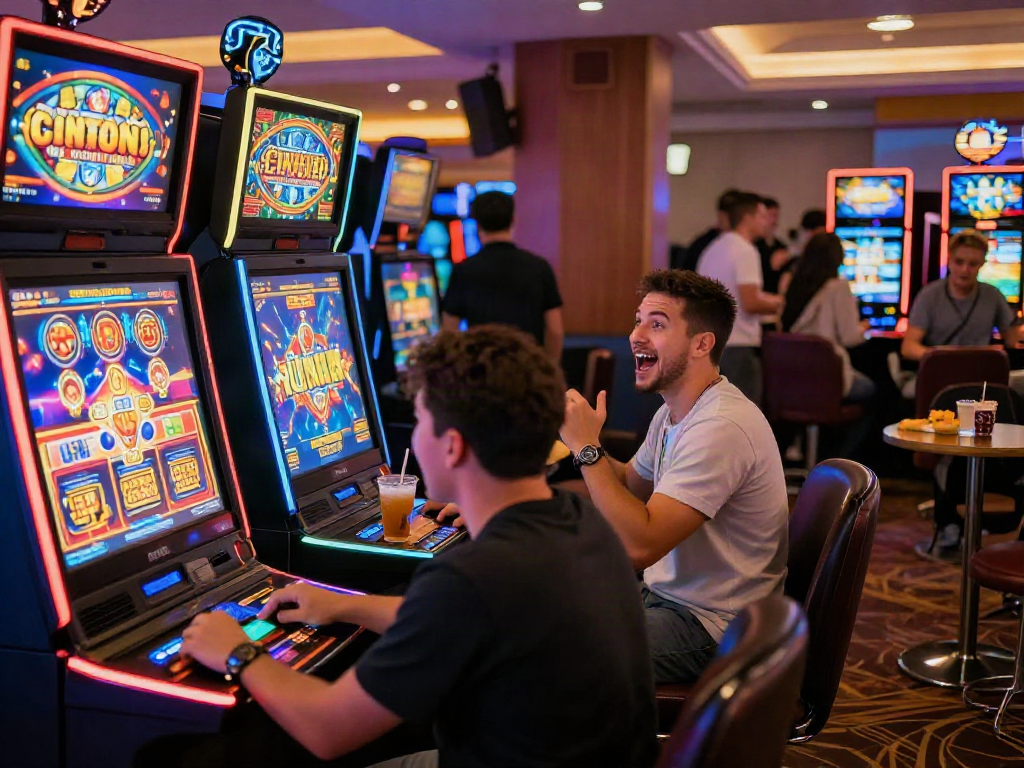 Excited players enjoying slot gacor experience in vibrant gaming lounge.