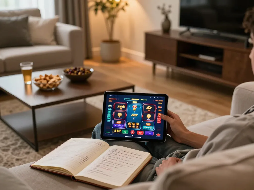 Hướng Dẫn KO66 for online gaming at home with a tablet displaying various casino games and betting strategies