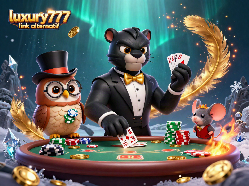 Gambar ilustrasi 3D mewah "luxury777 link alternatif" dengan panther dan karakter kartu, menciptakan atmosfer kasino yang dinamis.