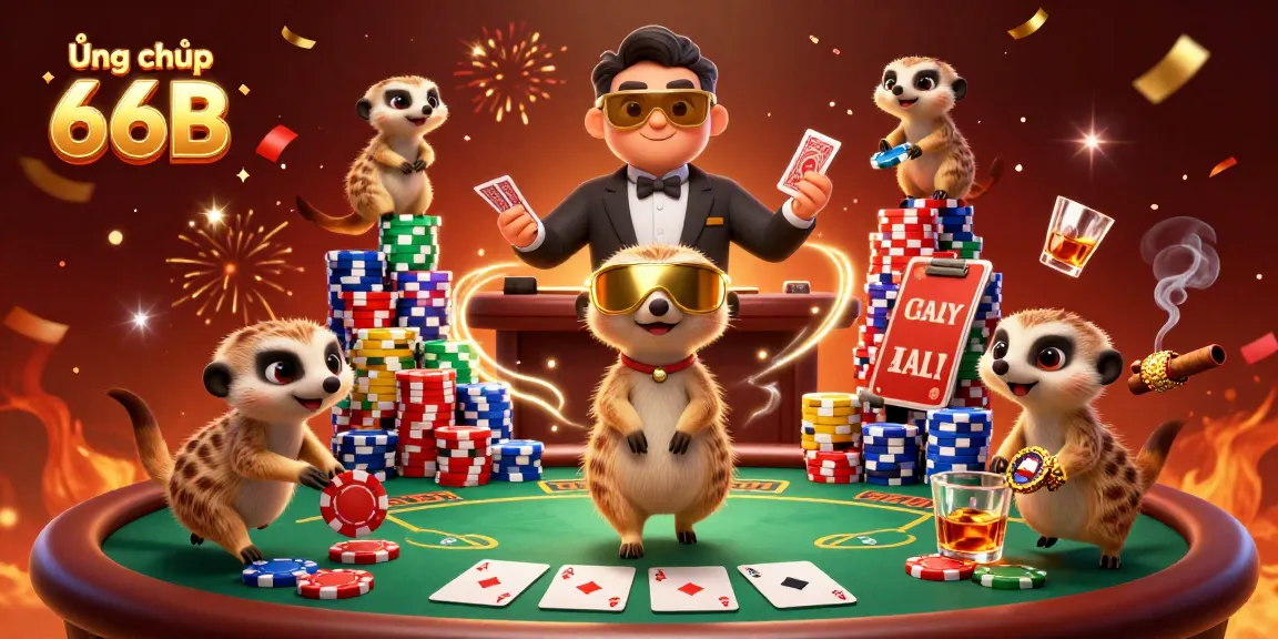 Experience Ứng dụng 66B at a vibrant meerkat casino with dynamic poker action and towering chips.