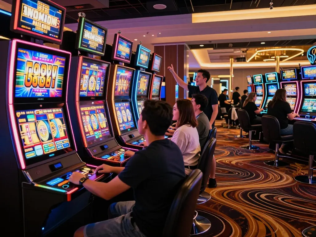 F168 players enjoying dynamic slot games at an upscale casino with vibrant lights and engaging atmosphere.