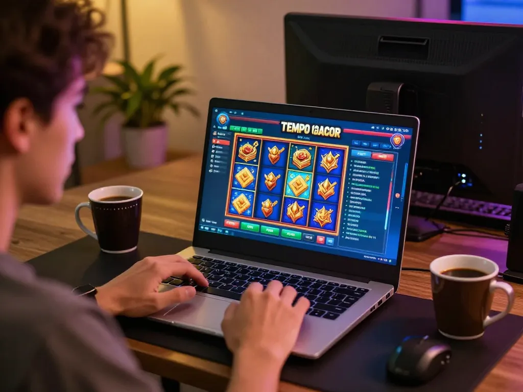 Engaging gameplay on Tempo123 Gacor slot game displayed on laptop, showcasing excitement in a cozy gaming setup.