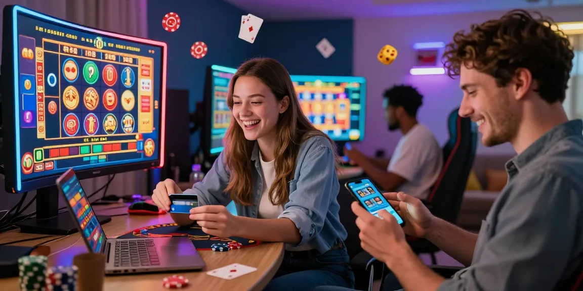 Engaging scene of diverse UK players using credit card casinos, showcasing excitement and convenience of gaming.