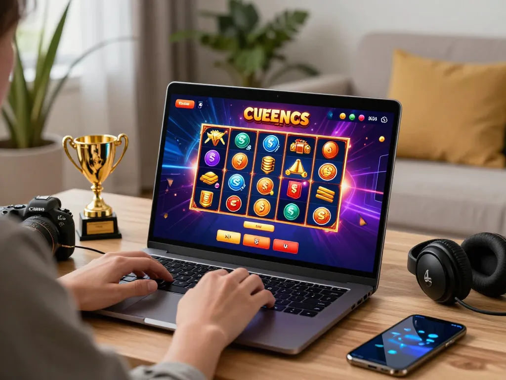 Engaged player enjoying TT88 online gaming experience with laptop, vibrant interface and gaming accessories.