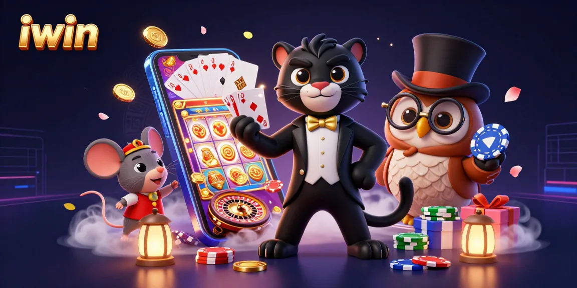 Engage with iwin's thrilling casino games illustrated by a stylish panther, cute owl, and lucky mouse.