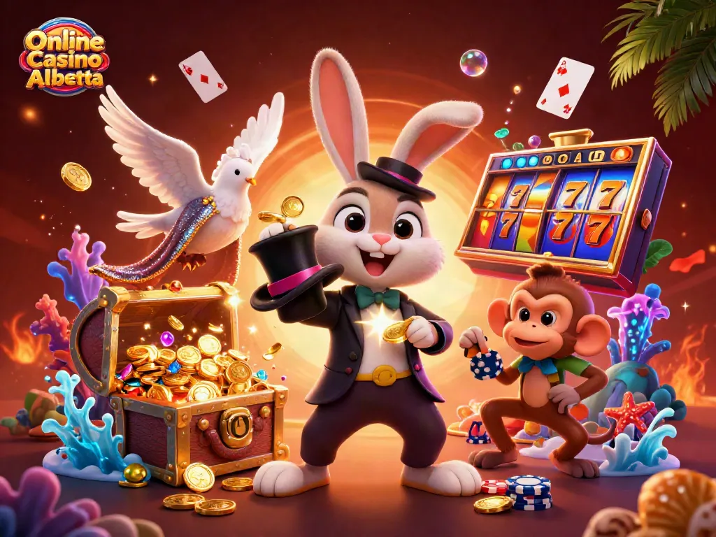 Experience exciting games at Online Casino Alberta with a magician pulling golden coins and poker chips.