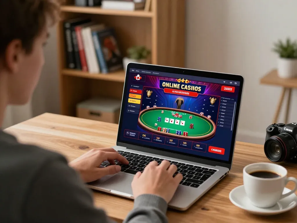 Engaging in Canada online casinos with live poker game on laptop at home.