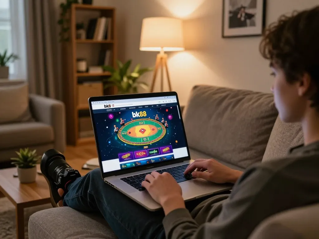 Player enjoying an online gaming session on bk8 from home, featuring laptop and cozy decor.