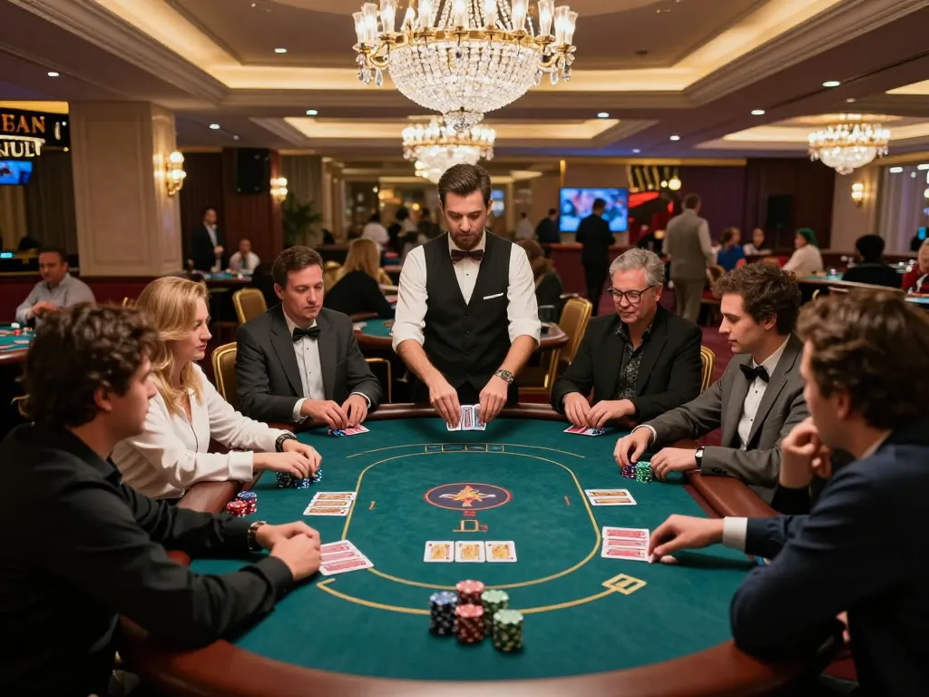IWIN CLUB poker game in an elegant casino featuring engaged players and a focused dealer at a vibrant table.