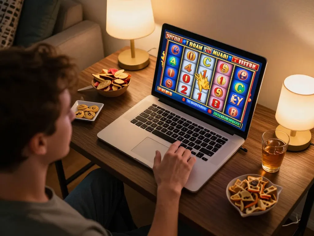 Player enjoying a slot bonus while spinning reels on a laptop in a cozy home setting.