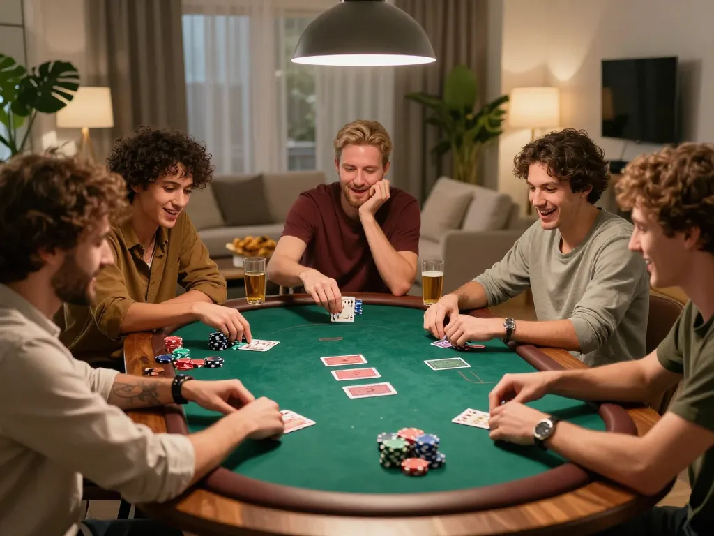 Players enjoying a home poker night with Sunwin chips and cards, creating a lively gaming atmosphere.