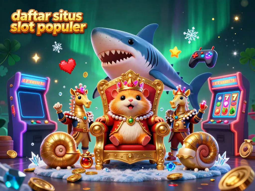 Ilustrasi raja hamster emas di atas kursi gigi hiu, mempromosikan daftar situs slot populer.