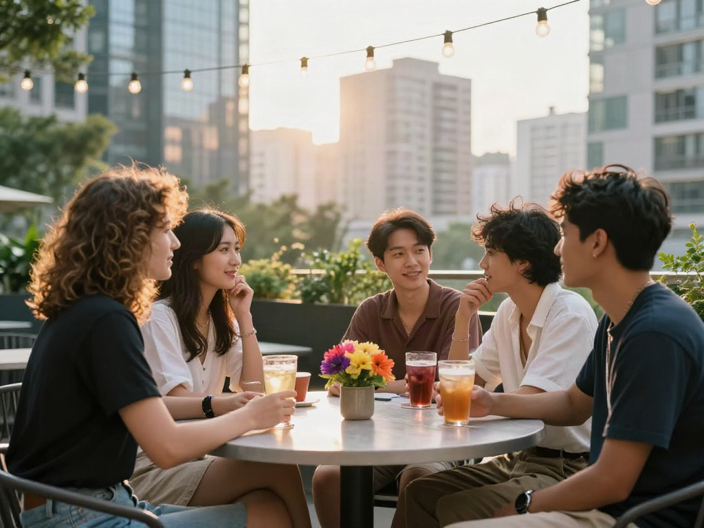 Friends enjoying drinks together in an urban setting, embodying the akunjp lifestyle.