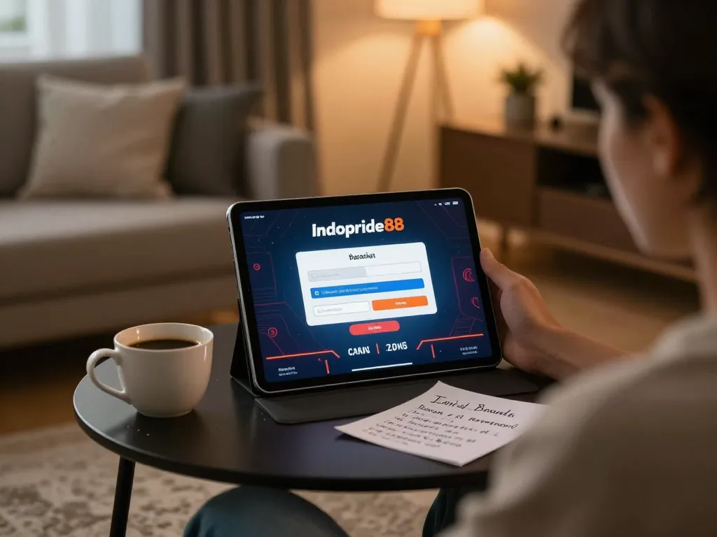Engaging with indopride88 login on a tablet in a cozy home, illustrating online gambling.