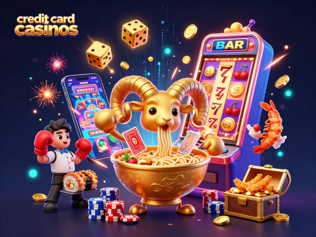 Engaging scene of credit card casinos featuring a giant ramen bowl, gyoza, and sushi dealer with dynamic casino elements.