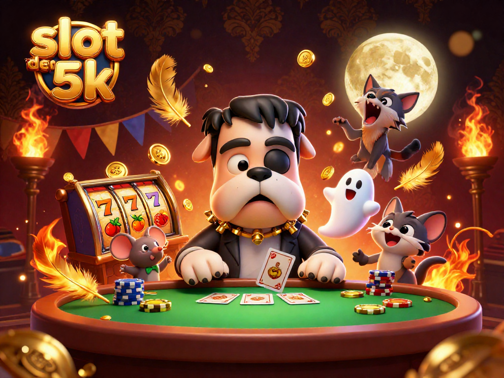 Experience thrilling slot deposit 5k action with a vibrant 3D card-playing scene featuring unique characters.