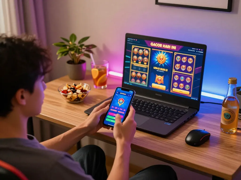 Player engaged with slot gacor hari ini on mobile app, dynamic online gaming atmosphere