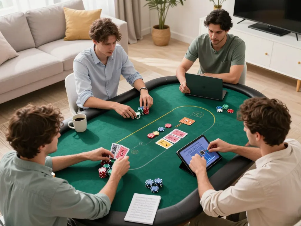 Play virtual poker at hz88 with friends using laptops and tablets in a cozy gaming setup.