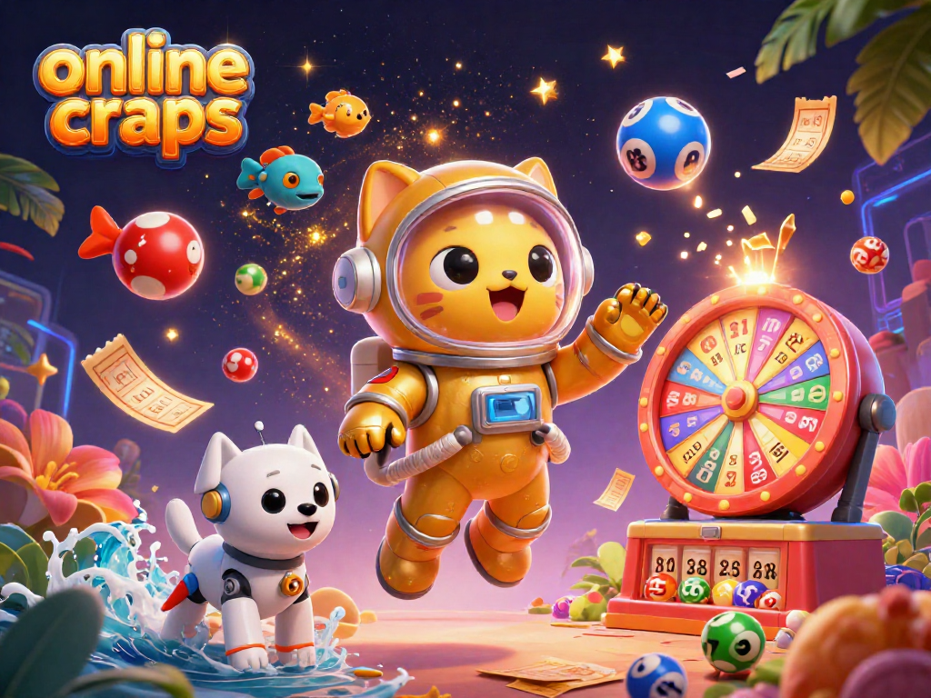 Engage in online craps action with vibrant lottery balls and a cosmic backdrop.